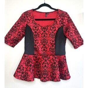 Ultraflirt Red Black Damask Peplum Top Women's Size M Y2K‎ Pinup Whimsigoth